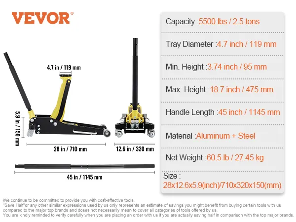 VEVOR floor jack specs: 5500 lbs capacity, 18.7 in max height, 28-inch length, aluminum and steel.