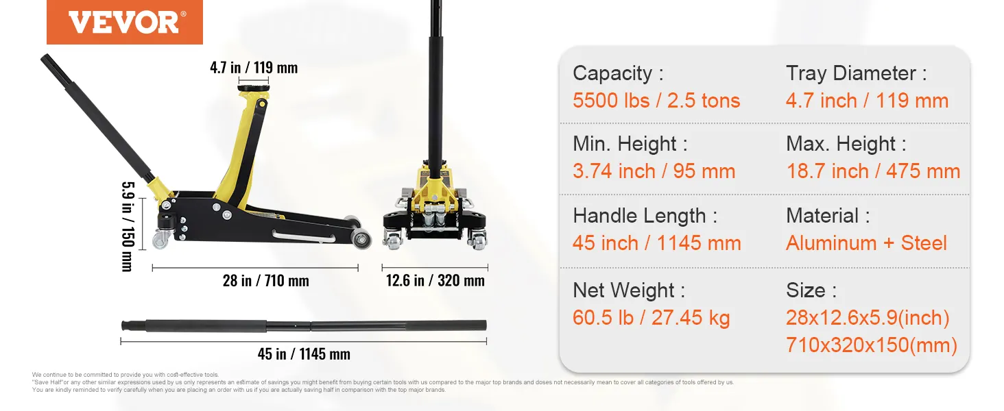 VEVOR floor jack specs: 5500 lbs capacity, 18.7 in max height, 28-inch length, aluminum and steel.