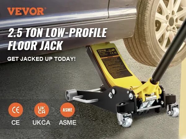VEVOR 2.5 ton low-profile floor jack lifting a car, ce, ukca, asme certified, "get jack up today!"