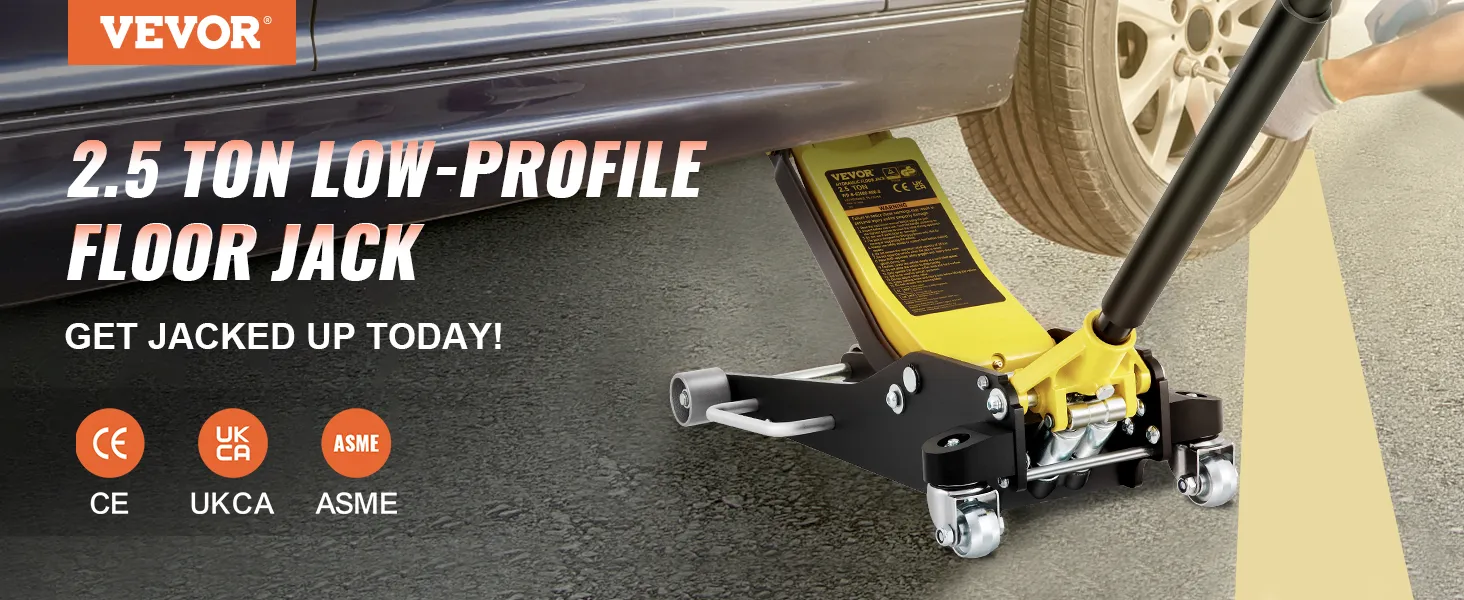 VEVOR 2.5 ton low-profile floor jack lifting a car, ce, ukca, asme certified, "get jack up today!"