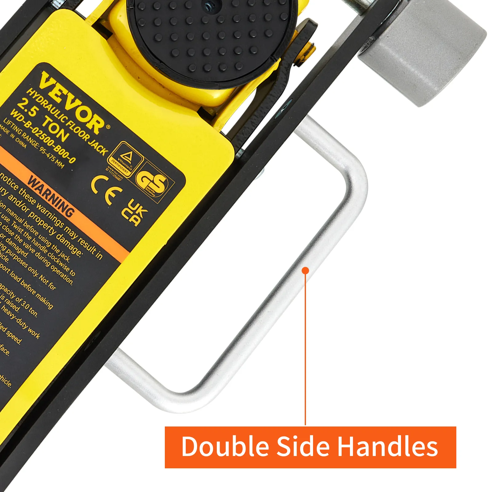 Primer plano del gato de piso VEVOR que muestra manijas laterales dobles y unidad hidráulica amarilla.
