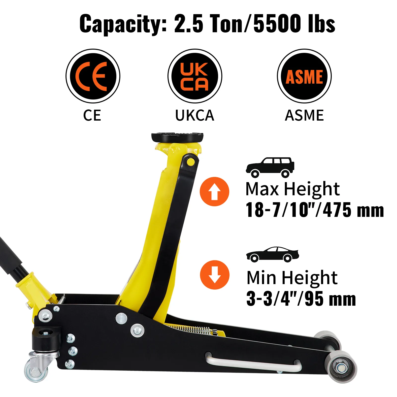 VEVOR floor jack with 2.5 ton capacity, max height 475 mm, min height 95 mm, ce, ukca, asme certified.