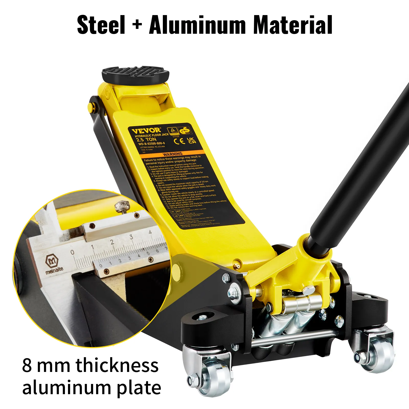 yellow VEVOR floor jack showing steel and aluminum material with 8mm thick aluminum plate detail.