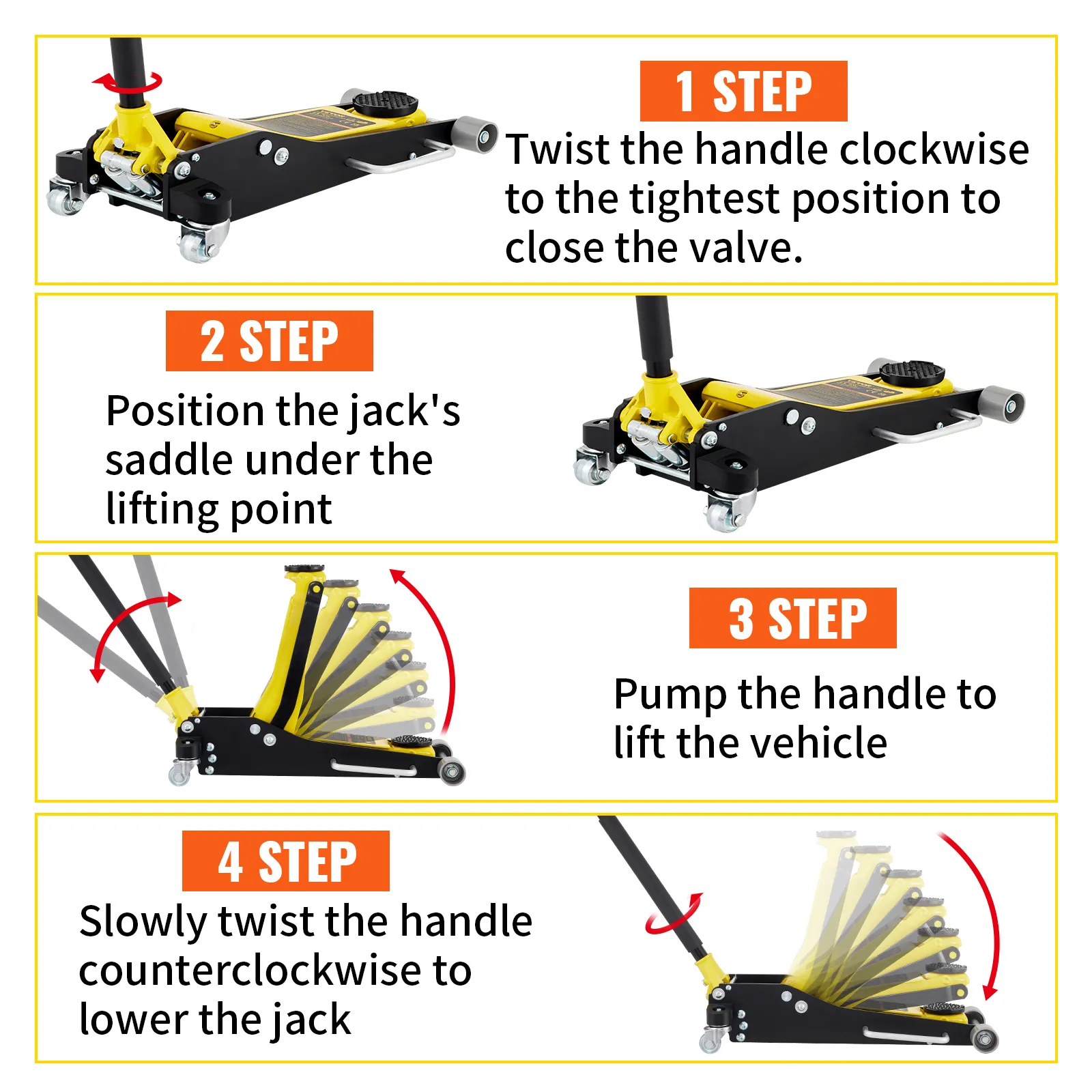 VEVOR floor jack usage guide: closing valve, positioning saddle, pumping handle, lowering jack.