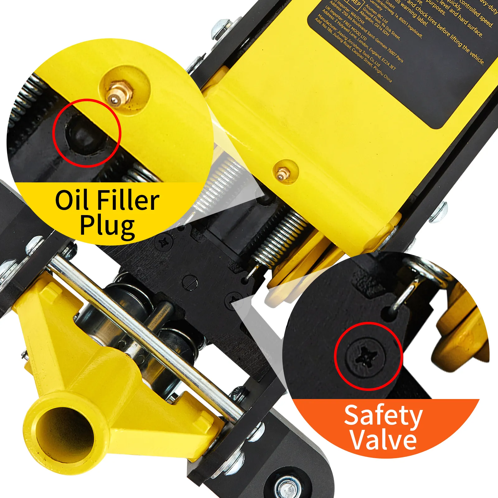 Gato de suelo VEVOR con tapón de llenado de aceite resaltado y válvula de seguridad, diseño amarillo y negro.