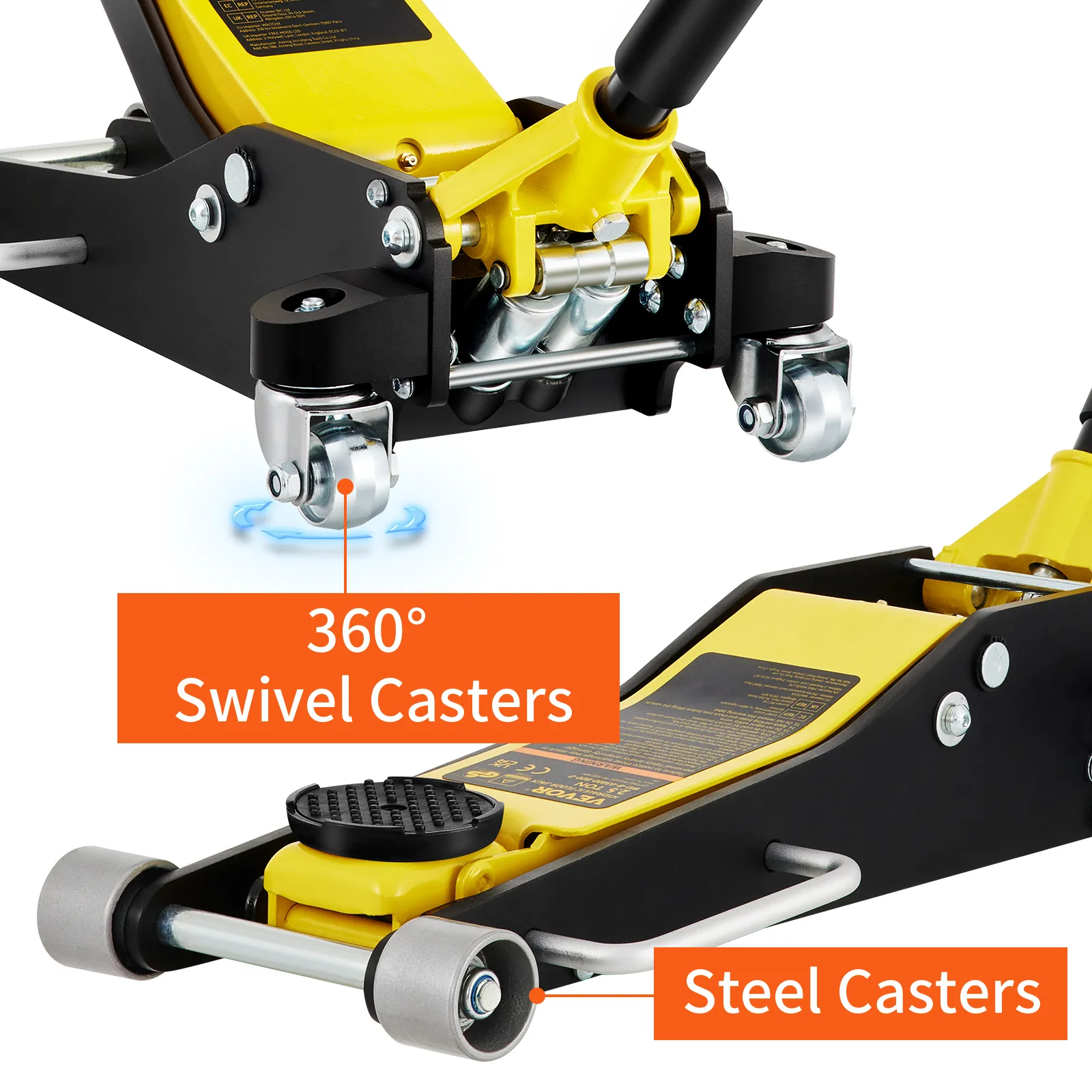 Gato de piso VEVOR con ruedas giratorias de 360° y construcción de acero duradero para una fácil maniobrabilidad.