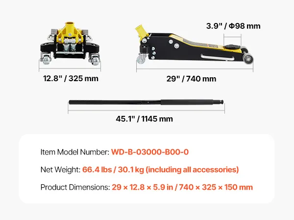 Gato de piso de carreras VEVOR, capacidad 6600 lbs, altura mínima 3,54", altura máxima 19,68", longitud del mango 45".