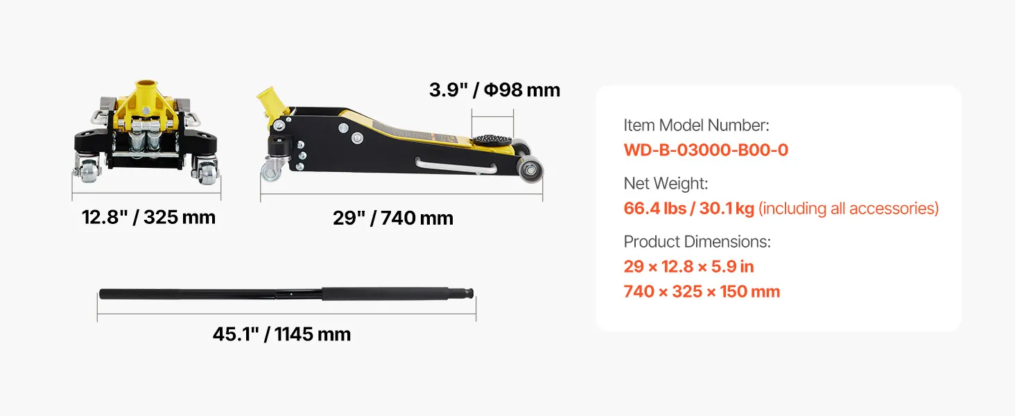 Gato de piso de carreras VEVOR, capacidad 6600 lbs, altura mínima 3,54", altura máxima 19,68", longitud del mango 45".