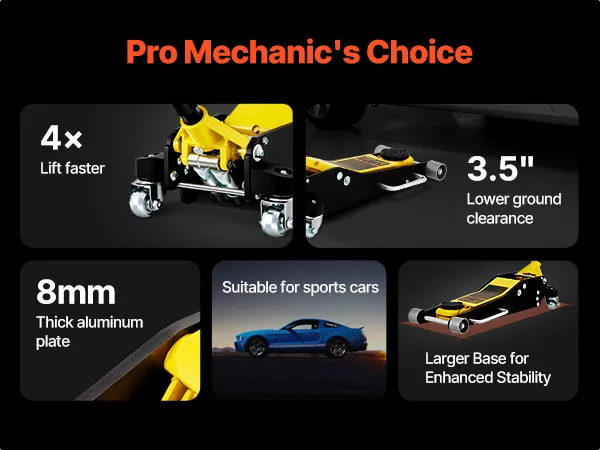 Gato de piso de carreras VEVOR que levanta un automóvil y muestra su diseño de perfil bajo de 3 toneladas con certificaciones ce, ukca y asme.