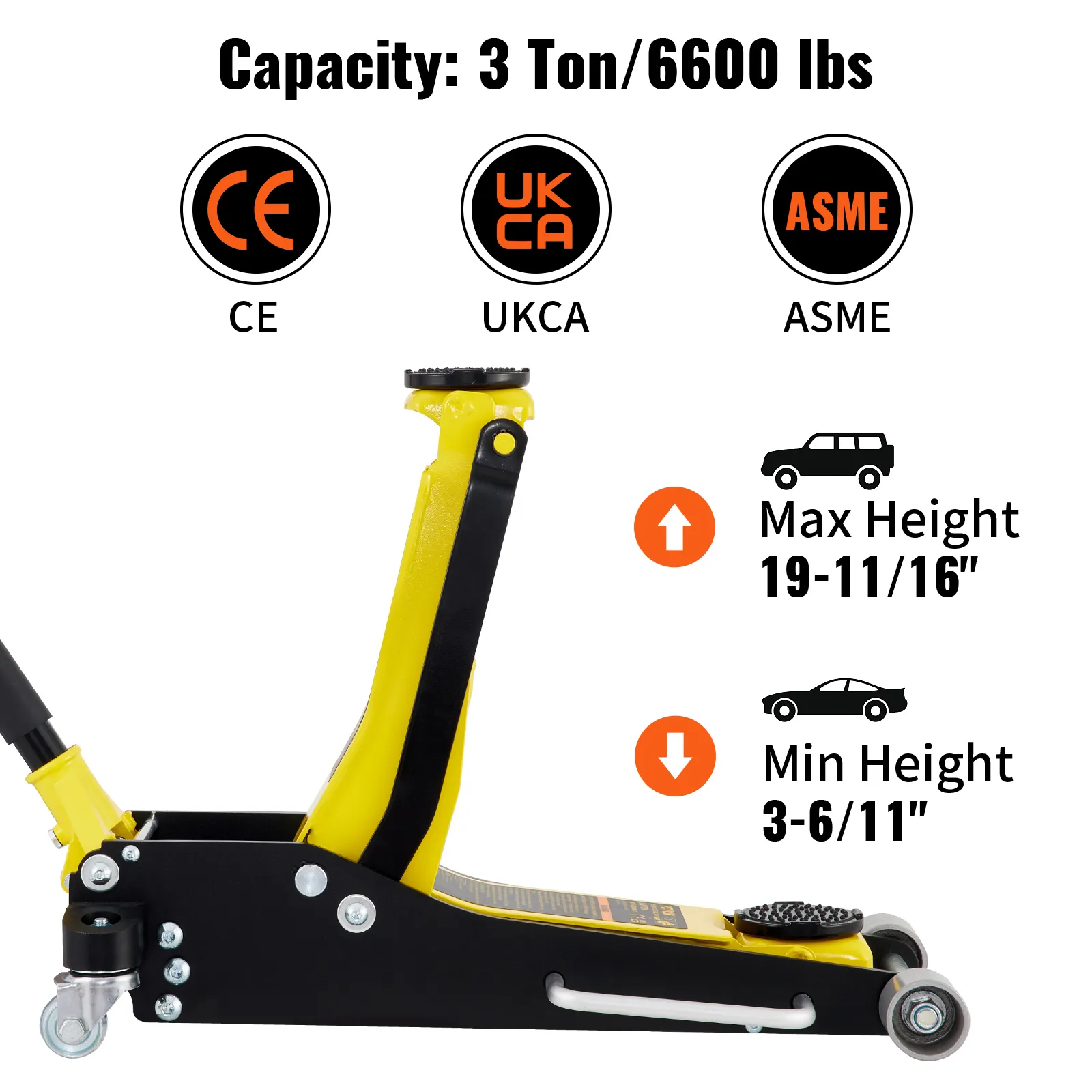 Gato de piso de carreras VEVOR con capacidad de 3 toneladas, certificación CE/UKCA/ASME y detalles de rango de altura.