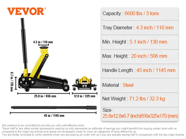 VEVOR floor jack, 6600 lbs capacity, 20 in max height, steel, 71.2 lbs, 4.3 in tray diameter.