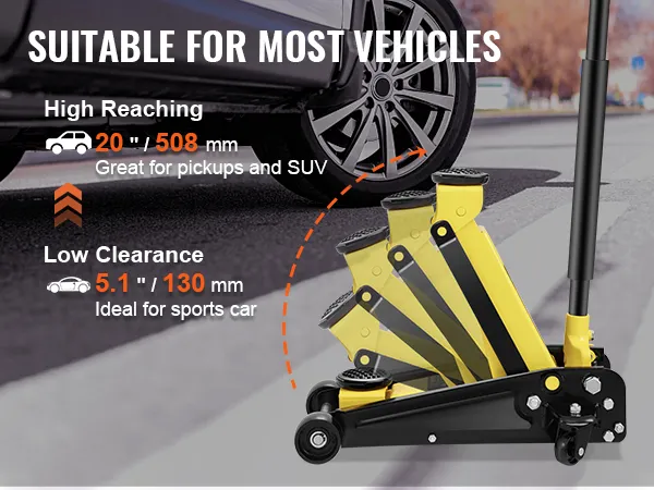 VEVOR floor jack for high reaching up to 20 inches and low clearance of 5.1 inches, suitable for various vehicles.