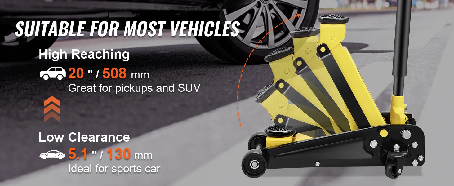 VEVOR floor jack for high reaching up to 20 inches and low clearance of 5.1 inches, suitable for various vehicles.