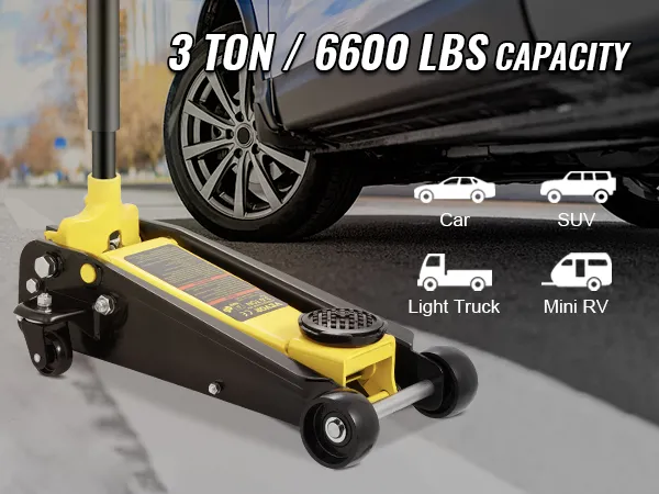 VEVOR floor jack with 3-ton capacity, lifting car, suv, light truck, and mini rv, on roadside.