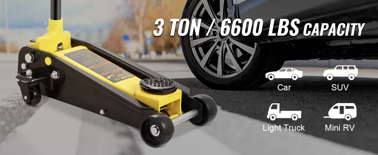 VEVOR floor jack with 3-ton capacity, lifting car, suv, light truck, and mini rv, on roadside.