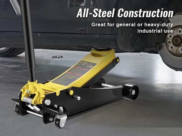 VEVOR floor jack lifting a car with an all-steel construction, ideal for heavy-duty industrial use.