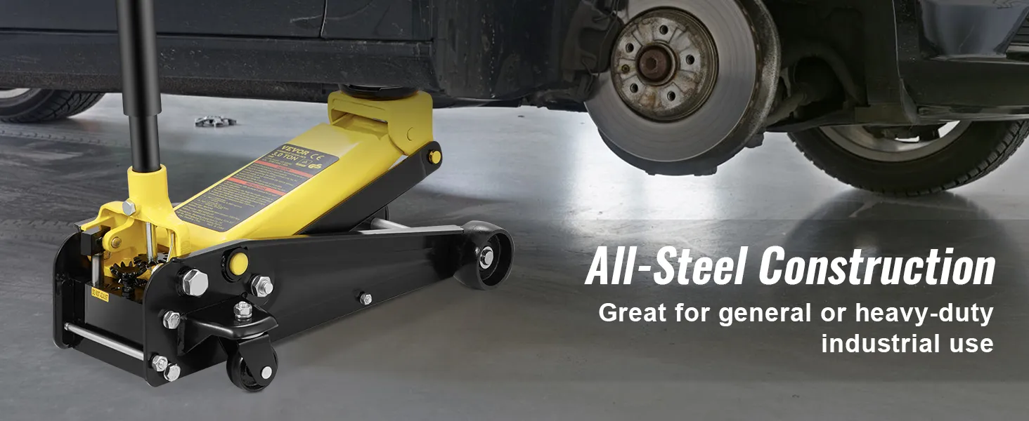 VEVOR floor jack lifting a car with an all-steel construction, ideal for heavy-duty industrial use.