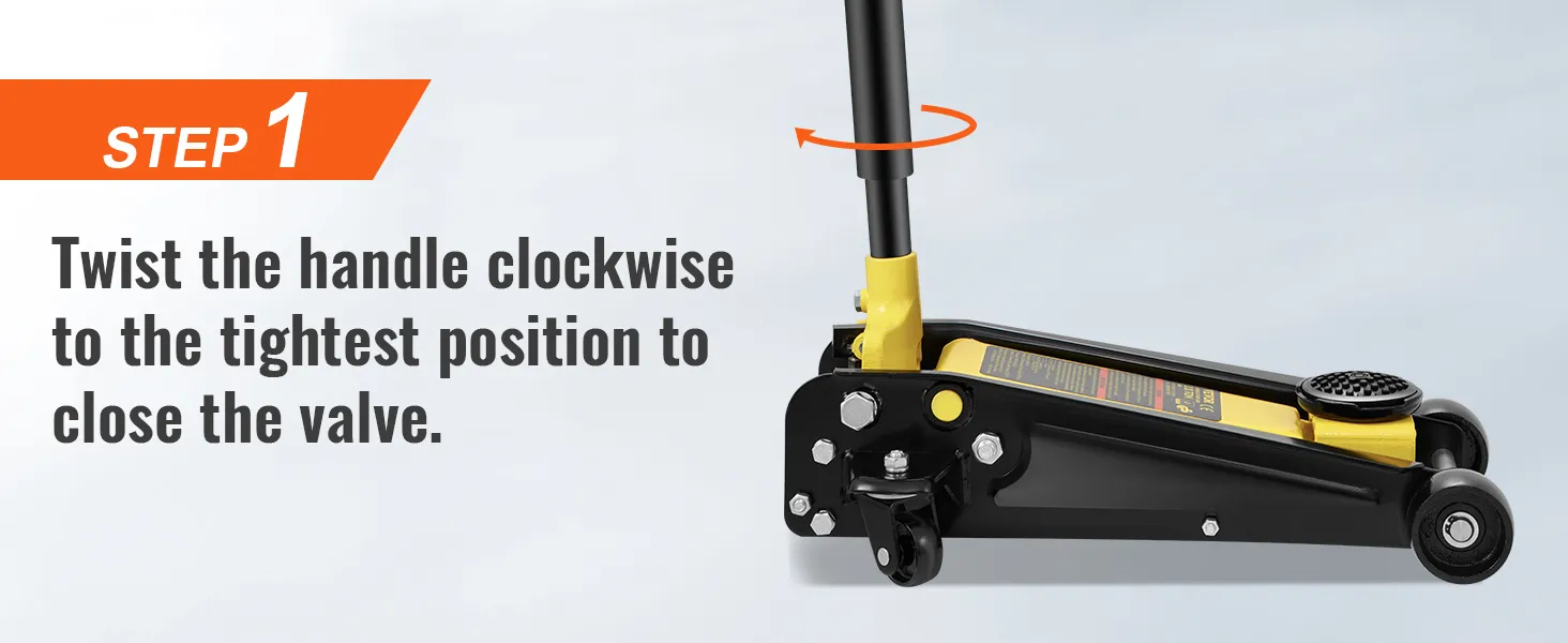 step 1: twist the handle clockwise to close the valve on the VEVOR floor jack.