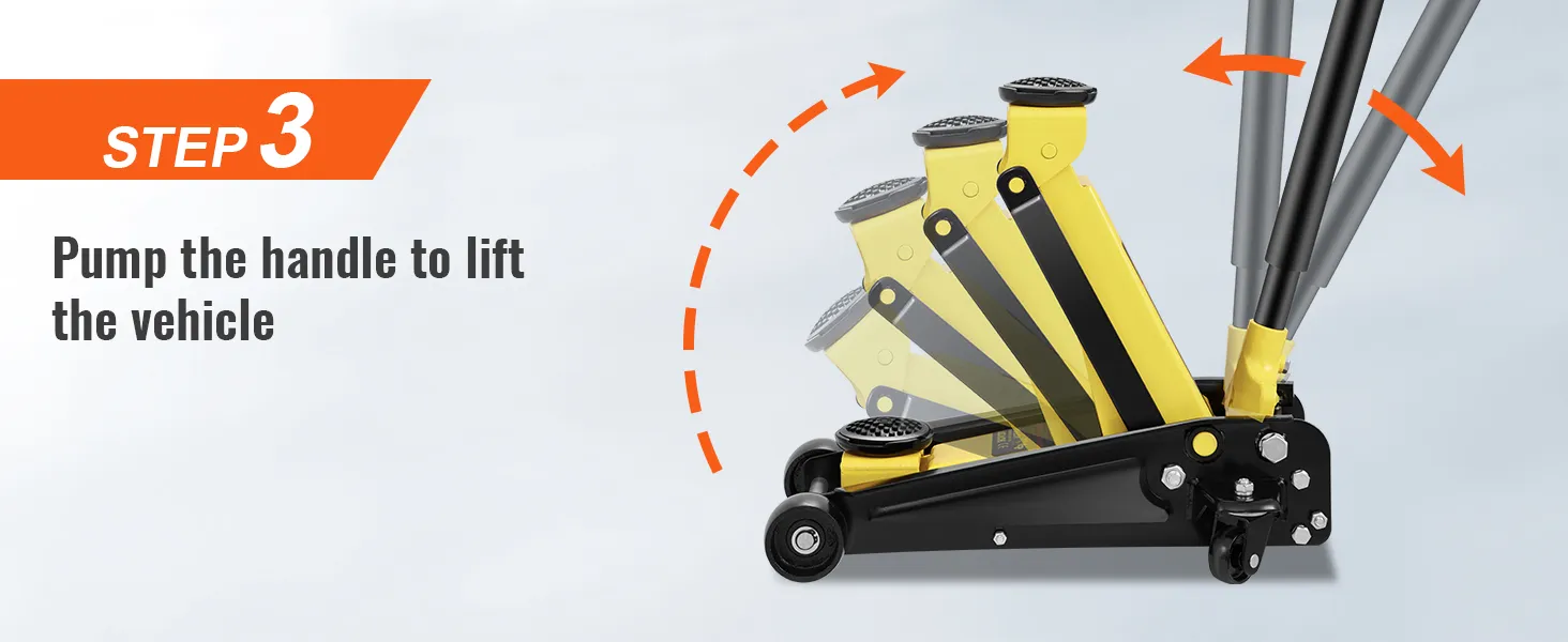 step 3: pump the handle of the VEVOR floor jack to lift the vehicle.