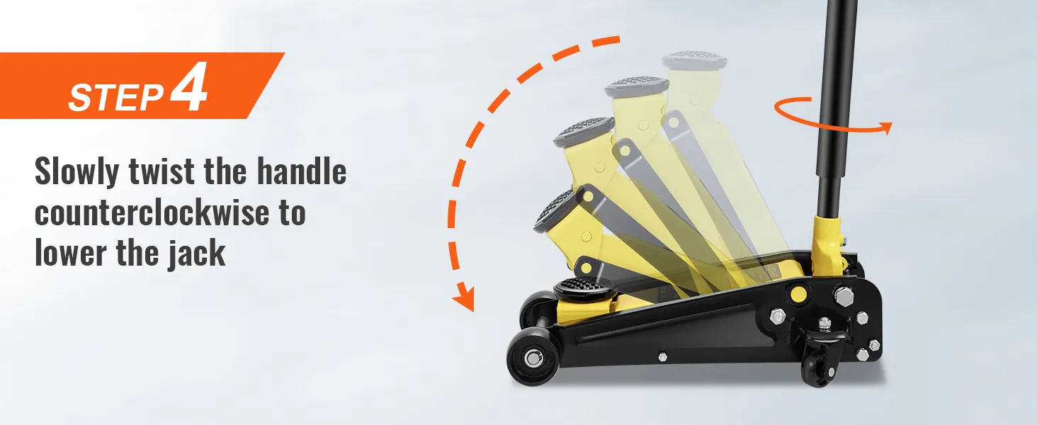step 4: twist handle counterclockwise to lower VEVOR floor jack, illustration with directional arrows.