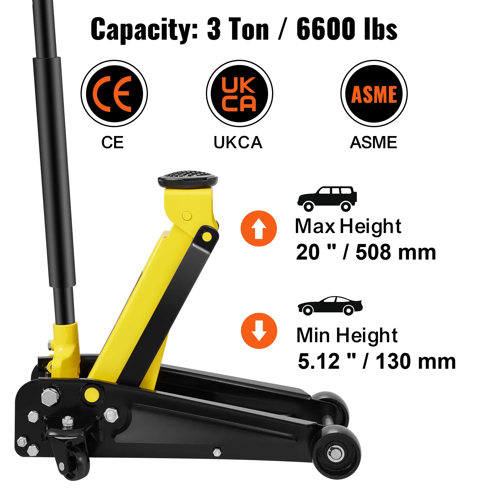 capacity 3 ton VEVOR floor jack, 6600 lbs, max height 20", min height 5.12", ce, ukca, asme certified.