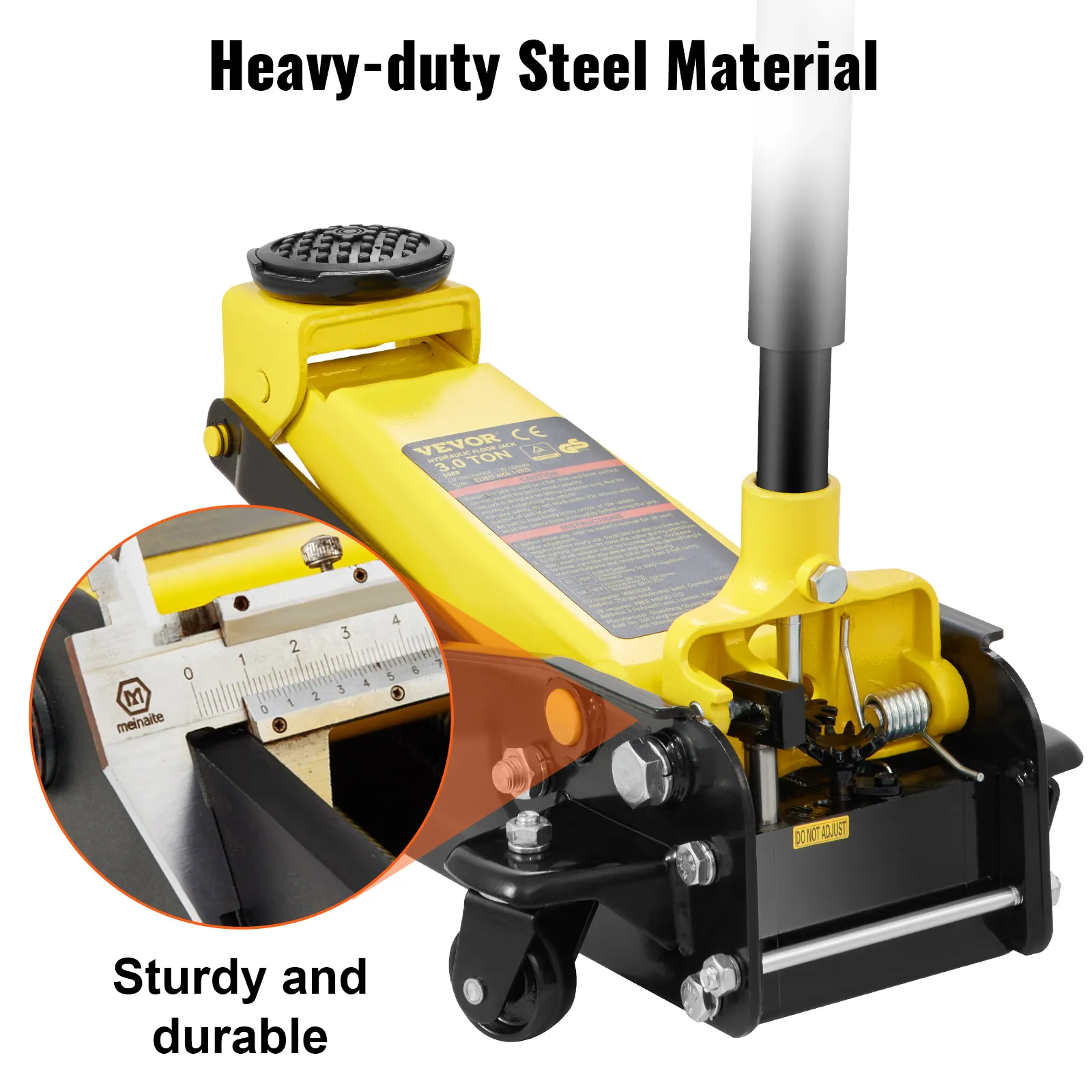 yellow VEVOR floor jack with heavy-duty steel material and sturdy, durable construction.