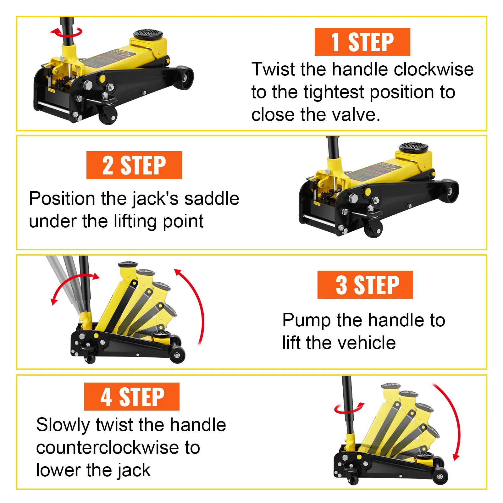 VEVOR floor jack step-by-step use guide with handle adjustment, jack positioning, and vehicle lifting.