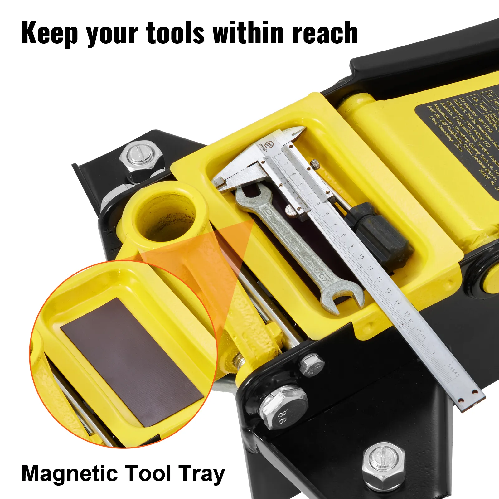 Gato de piso VEVOR con bandeja magnética para herramientas que contiene una llave y un calibrador. "Mantenga sus herramientas a su alcance".