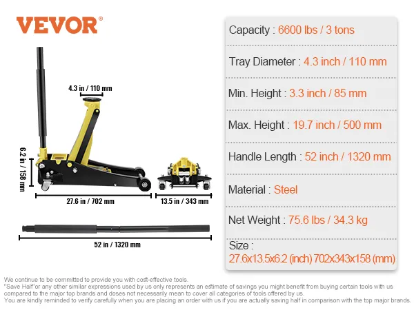 Technische Daten des VEVOR-Wagenhebers: Tragkraft 6600 lbs, maximale Höhe 19,7 Zoll, Stahl, Grifflänge 52 Zoll, Größe 27,6 x 13,5 x 6,2 Zoll.
