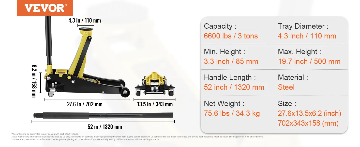 VEVOR floor jack specs: 6600 lbs capacity, 19.7 inch max height, steel, 52 inch handle length, 27.6x13.5x6.2 inch size.