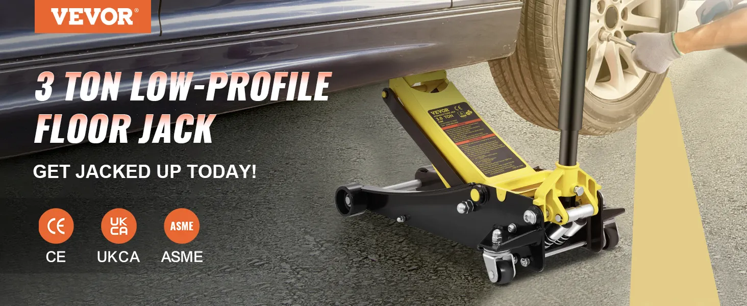 VEVOR floor jack lifting a car, displaying 3-ton capacity with ce, ukca, and asme certifications.