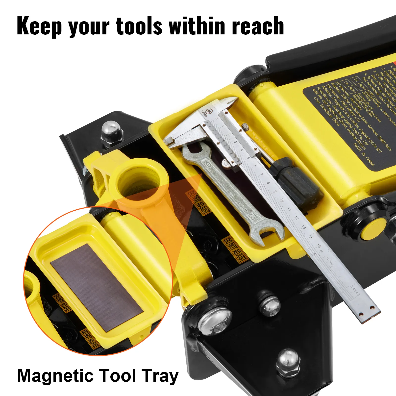 VEVOR floor jack with magnetic tool tray holding a wrench, caliper, and ruler within reach.