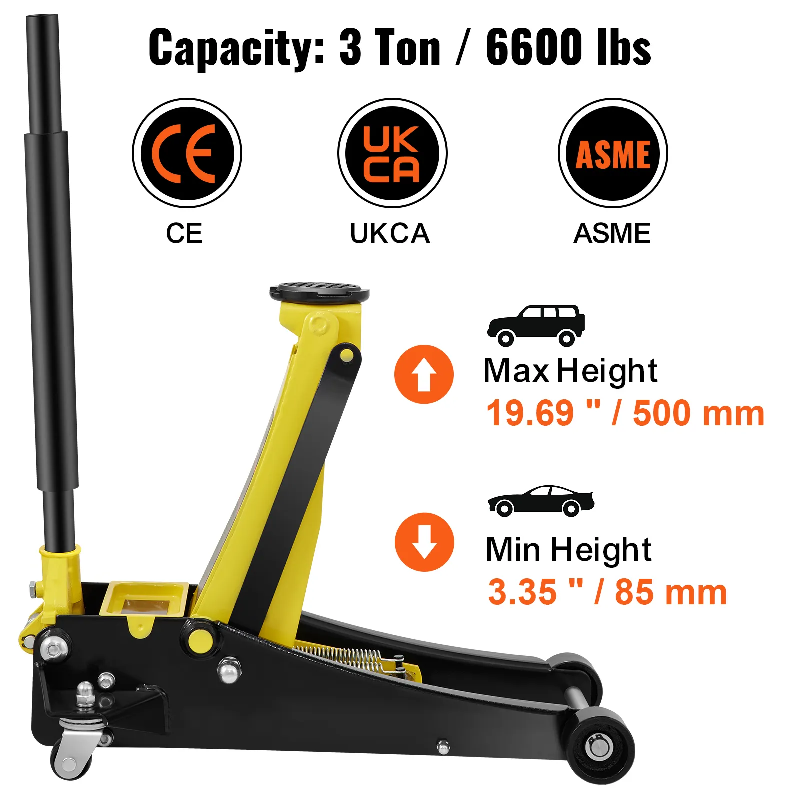 VEVOR floor jack, 3 ton/6600 lbs capacity, max height 19.69 in/500 mm, min height 3.35 in/85 mm.