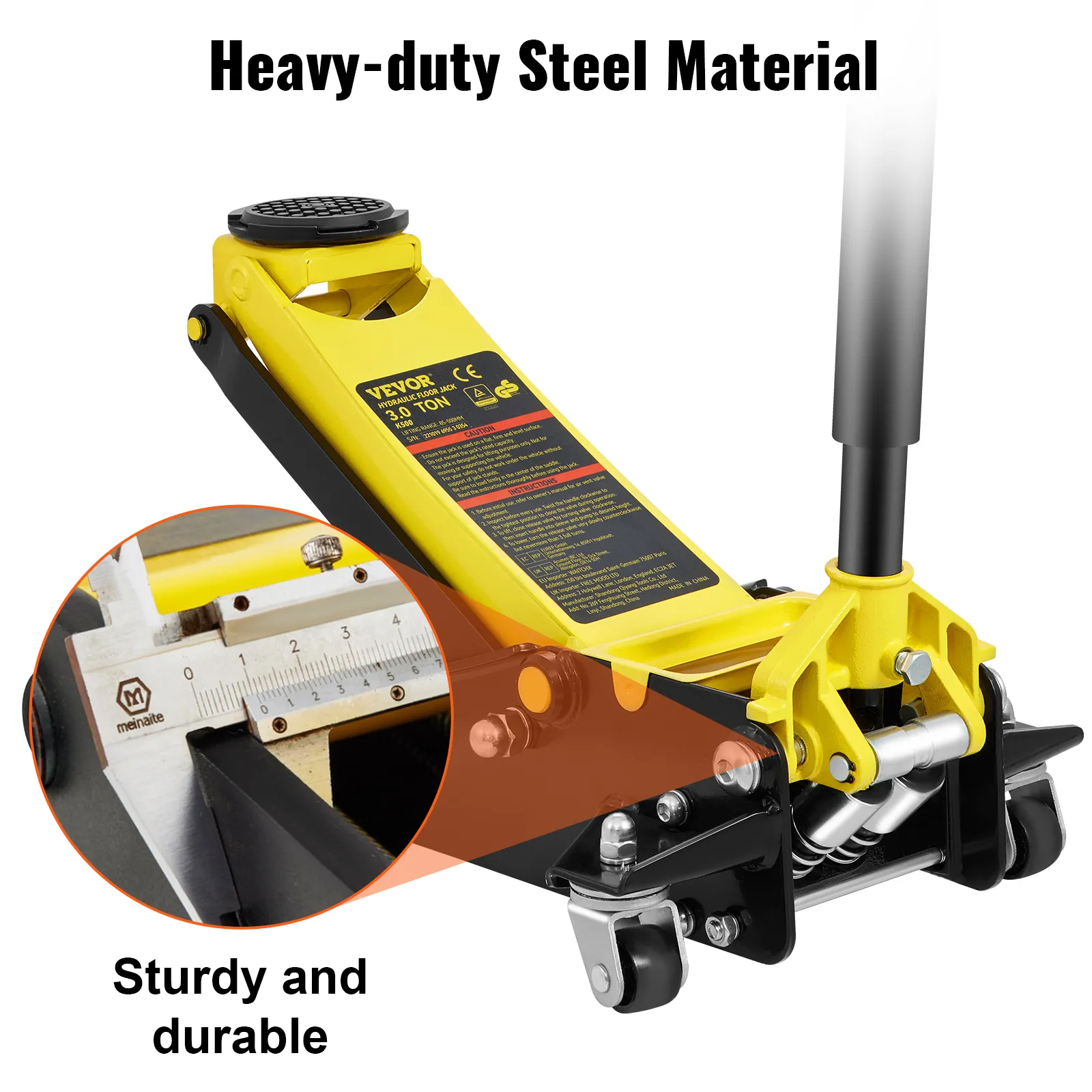 heavy-duty VEVOR floor jack with sturdy steel material, close-up ruler detail, illustrating durability.