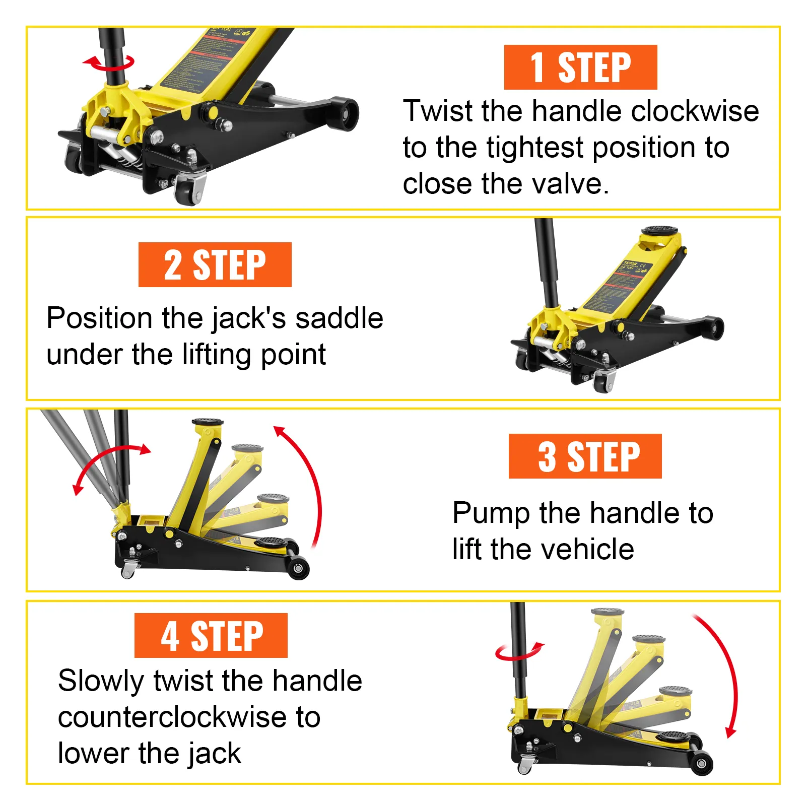 VEVOR floor jack step-by-step usage: close valve, position saddle, pump to lift, lower by twisting.