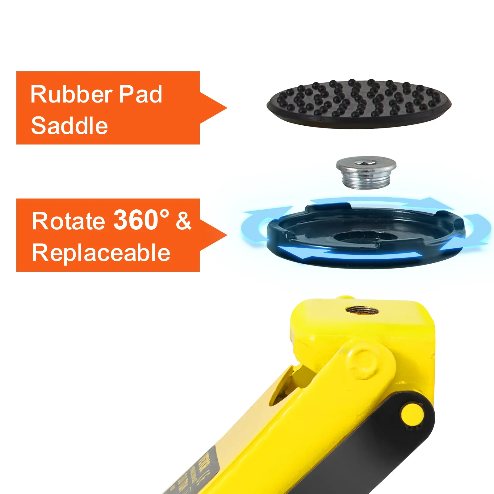 VEVOR floor jack with replaceable rubber pad saddle and 360° rotating mechanism.