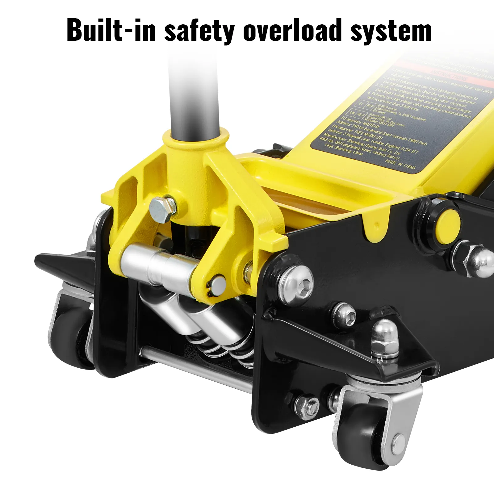 yellow and black VEVOR floor jack with built-in safety overload system and durable wheels.