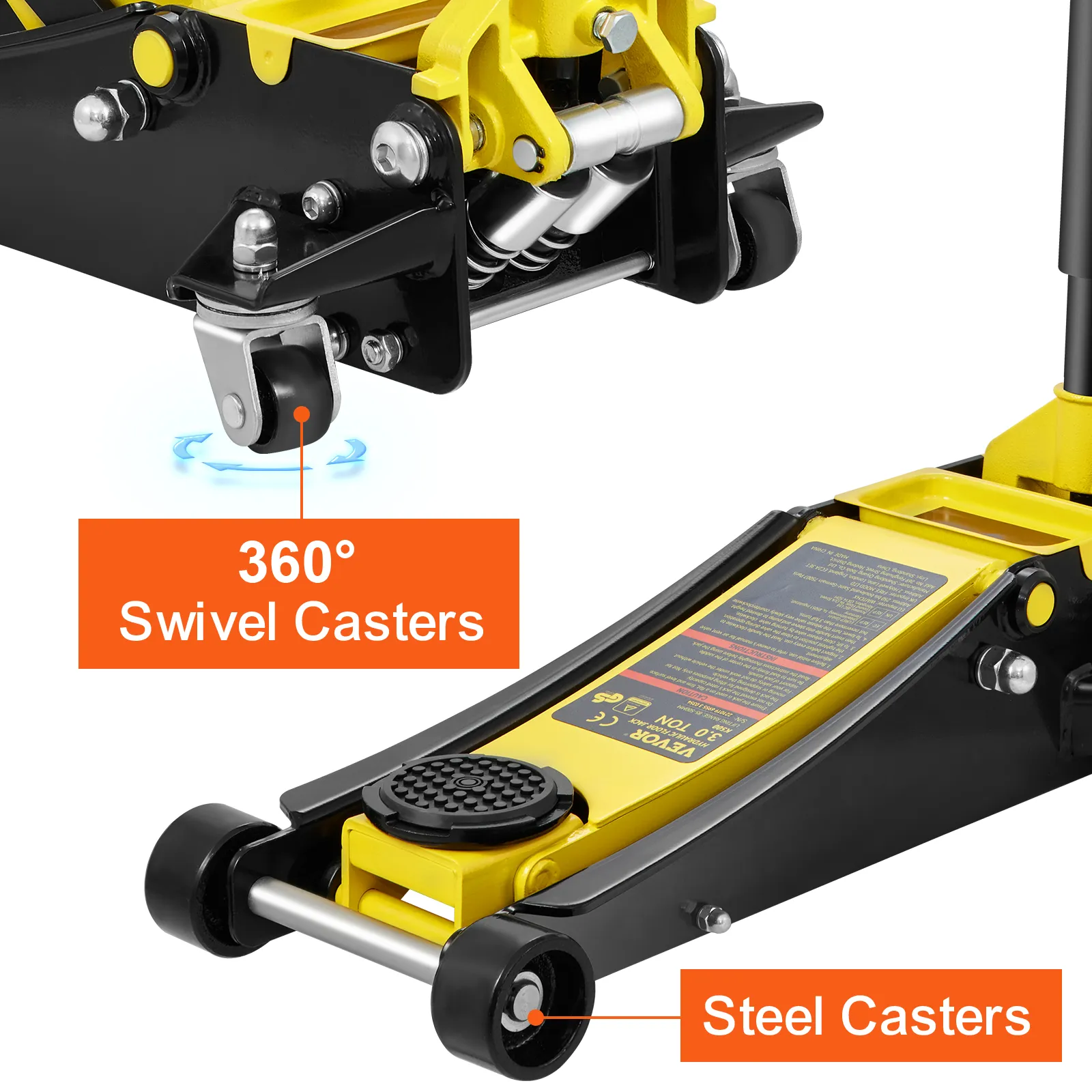 VEVOR floor jack with 360° swivel casters and steel casters, highlighting mobility and durability.