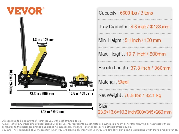 VEVOR 3 ton floor jack with 6600 lbs capacity, 19.7 in max height, and 4.8 in tray diameter.