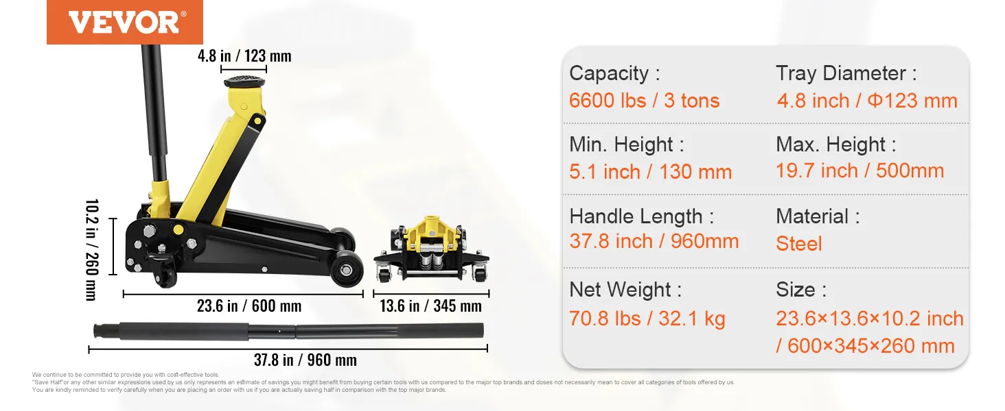 VEVOR 3 ton floor jack with 6600 lbs capacity, 19.7 in max height, and 4.8 in tray diameter.
