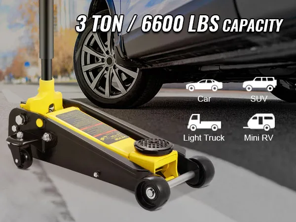 VEVOR 3 ton floor jack lifting a car, 6600 lbs capacity, suitable for car, suv, light truck, and mini rv.
