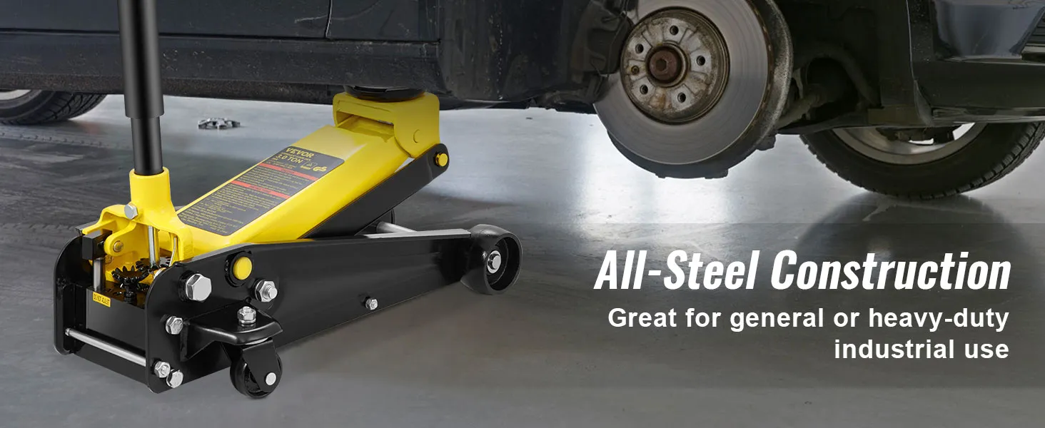 VEVOR 3 ton floor jack lifting car with exposed brake disc, showcasing its all-steel construction.