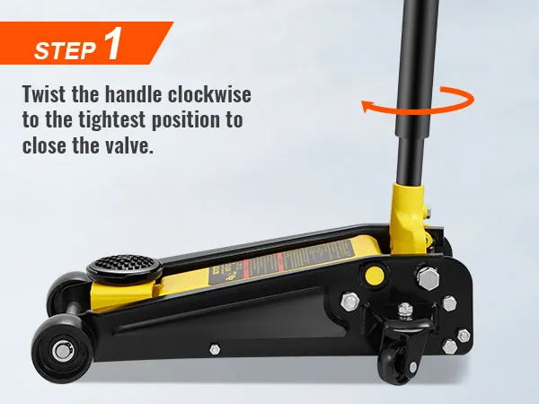 step 1 instructions on twisting the handle of a VEVOR 3 ton floor jack clockwise to tighten the valve.