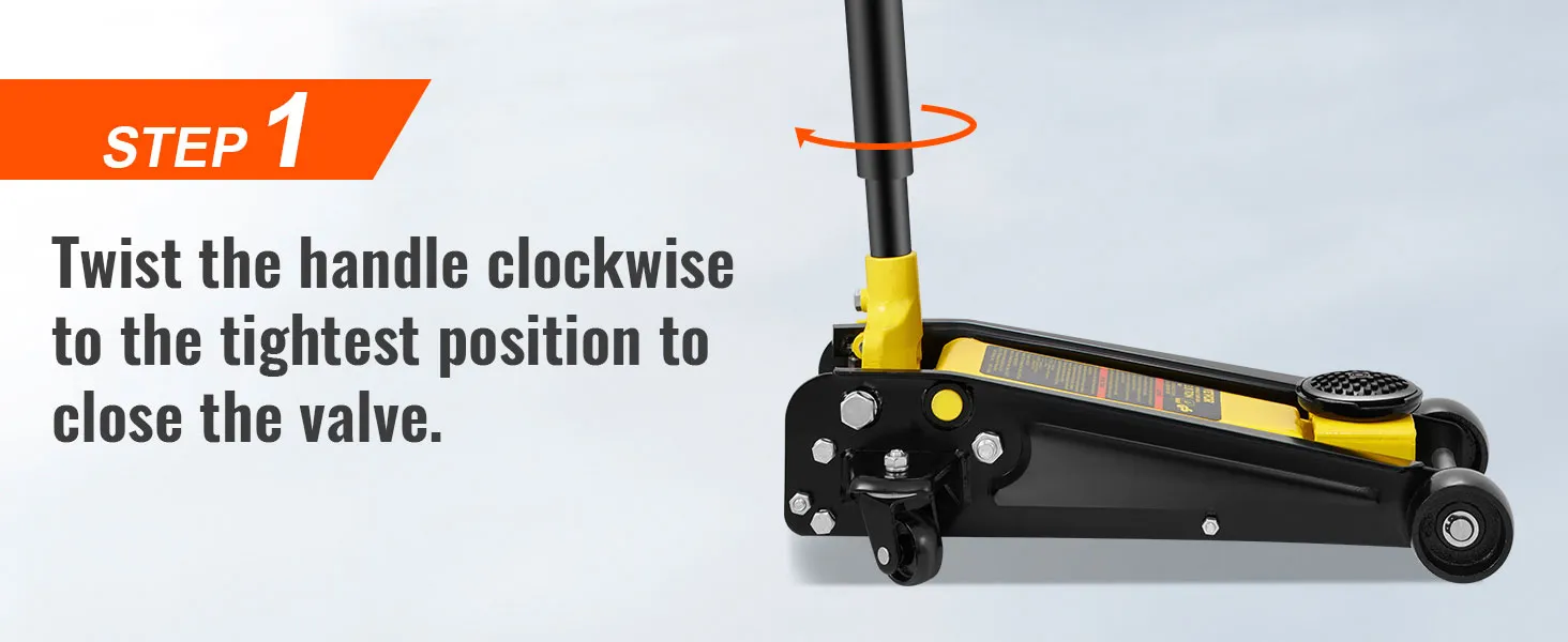 step 1 instructions on twisting the handle of a VEVOR 3 ton floor jack clockwise to tighten the valve.
