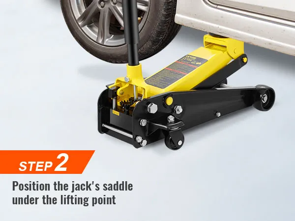 VEVOR 3 ton floor jack positioned under a car's lifting point with step 2 instruction.