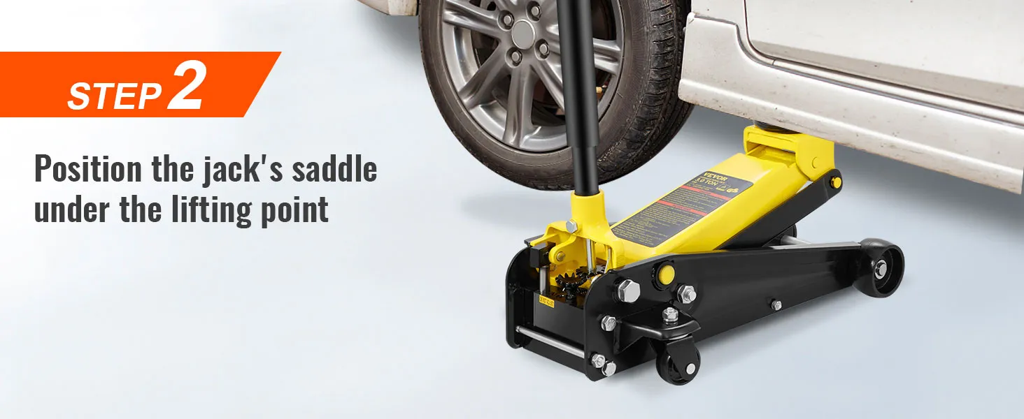 VEVOR 3 ton floor jack positioned under a car's lifting point with step 2 instruction.