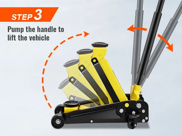 step 3: pump handle to lift vehicle with VEVOR 3 ton floor jack, yellow and black jack in motion.