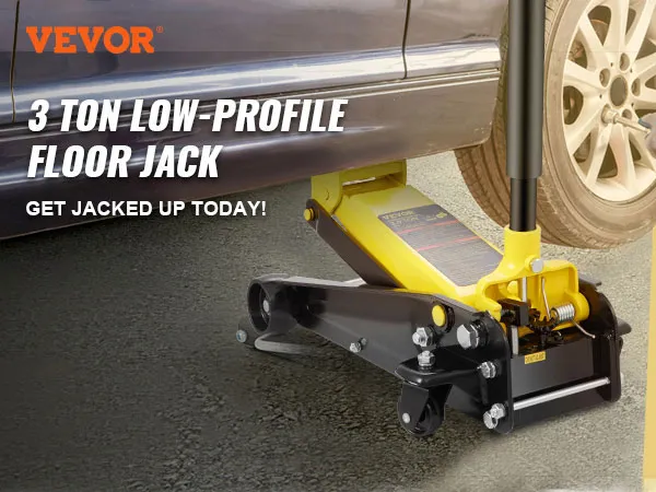 VEVOR 3 ton floor jack lifting a car with a person working on the tire. "get jacked up today!" slogan.