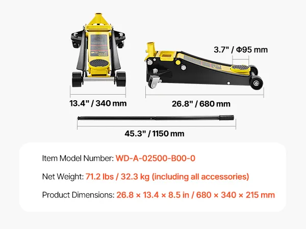 VEVOR floor jack specifications: 5500 lbs capacity, 3.0-19.5 inch lift range, 45.3-inch handle, 71.2 lbs weight.