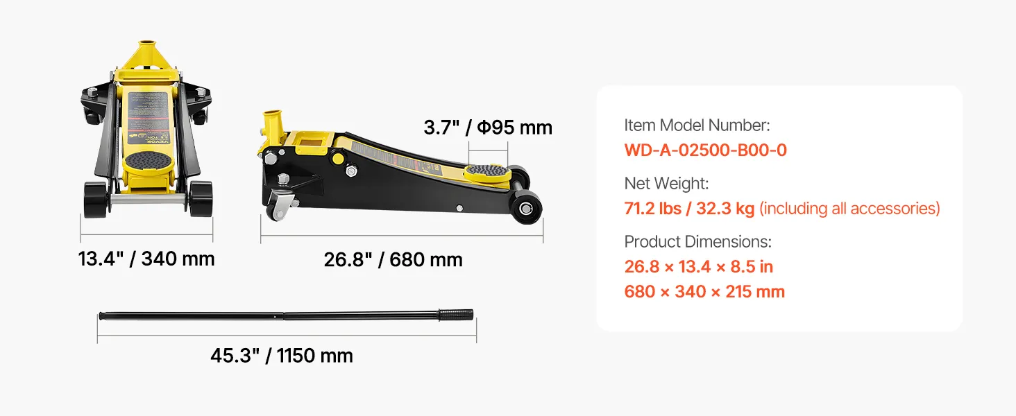 VEVOR floor jack specifications: 5500 lbs capacity, 3.0-19.5 inch lift range, 45.3-inch handle, 71.2 lbs weight.